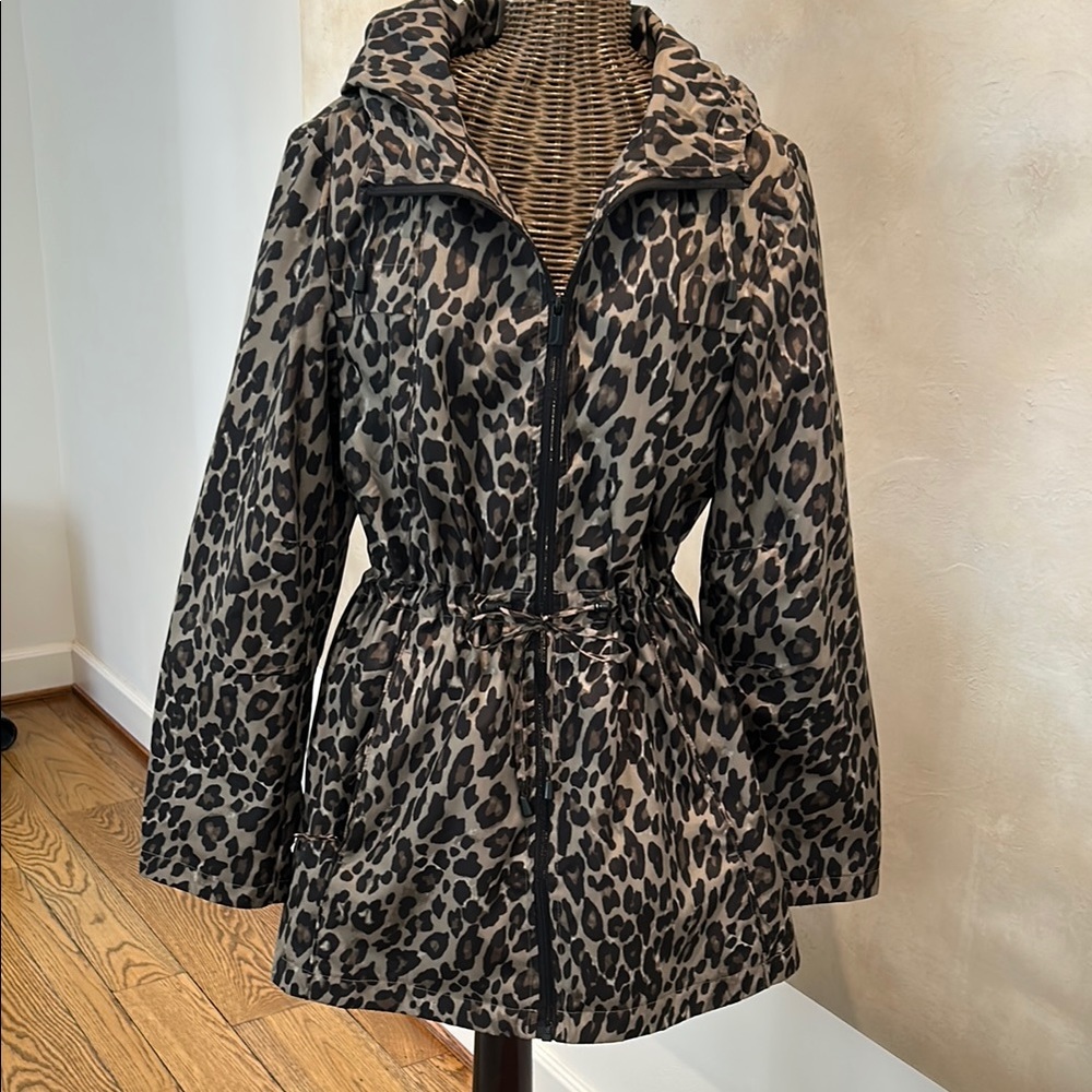 Jones New York Brown and Black Trench Coat with Leopard Print